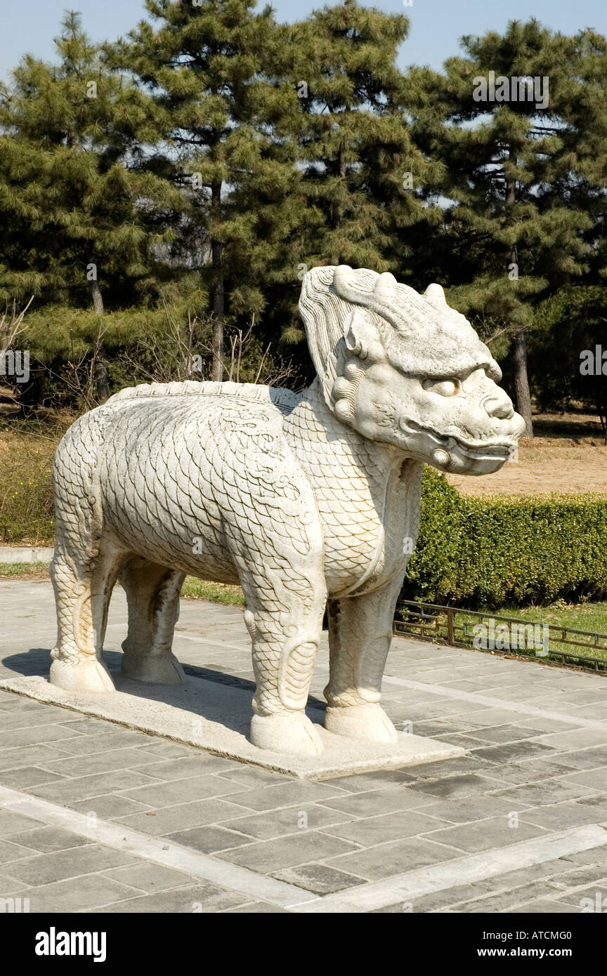 The sculpture of an Qilin (Kylin) carved from stone, an imaginary animal which presents auspices standing along the Sacred Way, Ming Tombs, China Stock Photo