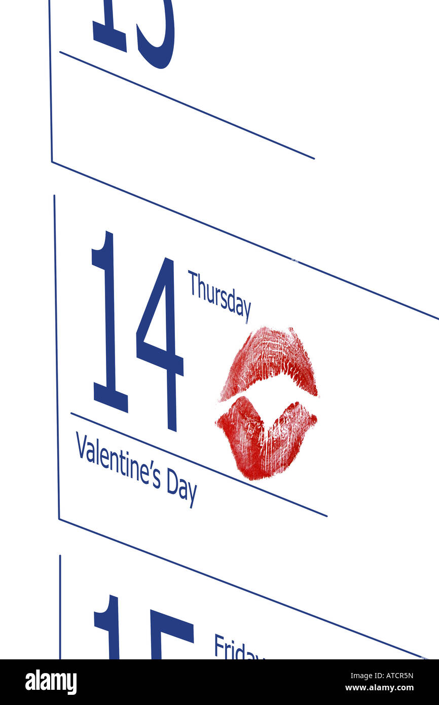 Closeup of calendar page indicating 14 of February - Valentine's day with red lipstick print Stock Photo