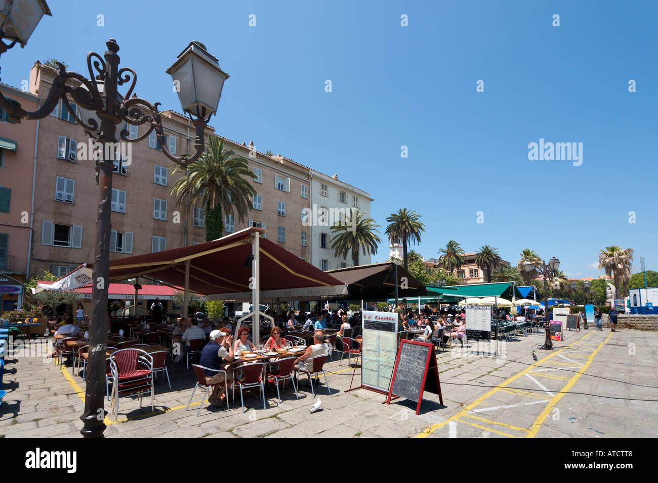 Harbourfront restaurant, Ajaccio, Corsica, France Stock Photo