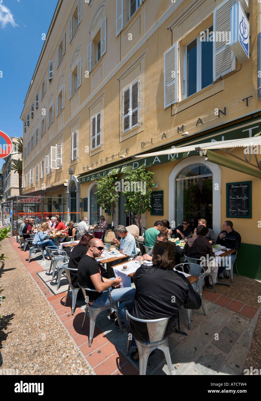 Sidewalk brasserie near the Place de Gaulle in the town centre of Ajaccio, Corsica, France Stock Photo