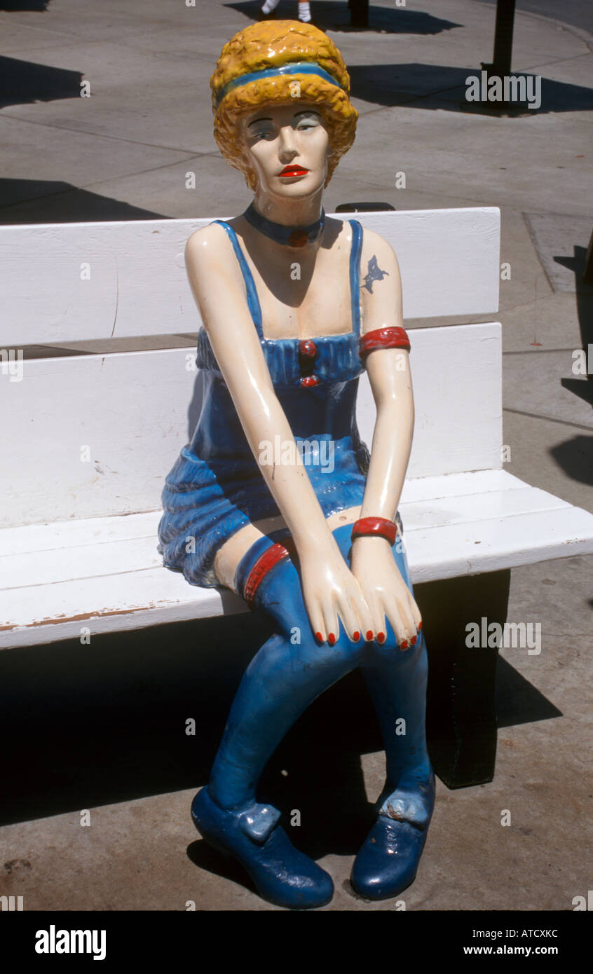 Mannequin sitting on a bench in Six Flags Magic Mountain, Santa Clarita, Los Angeles, California, USA Stock Photo
