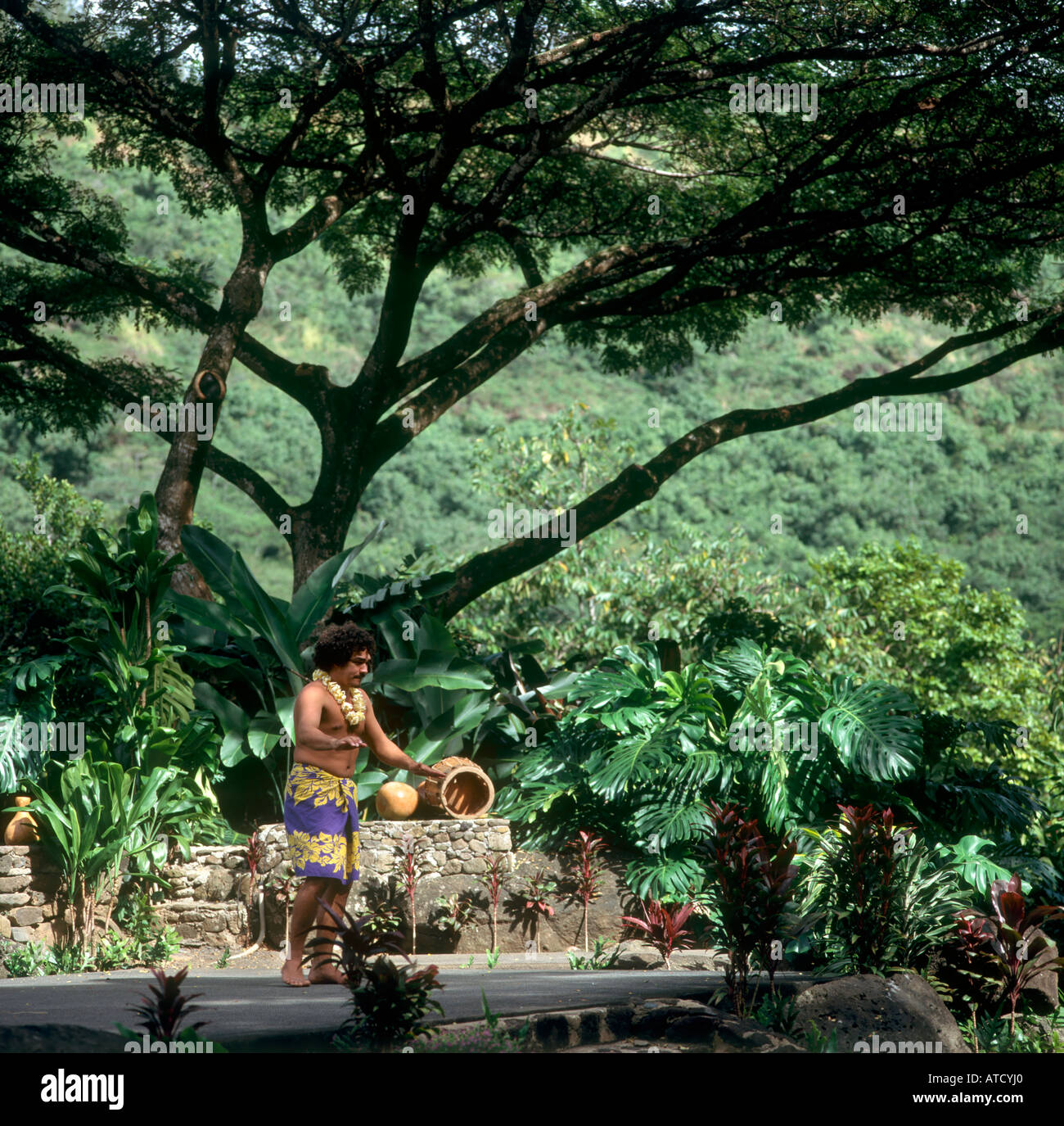Traditional Hula Dancer, Waimea Falls, Waimea Falls Park, North Shore, Oahu, Hawaii, USA Stock Photo