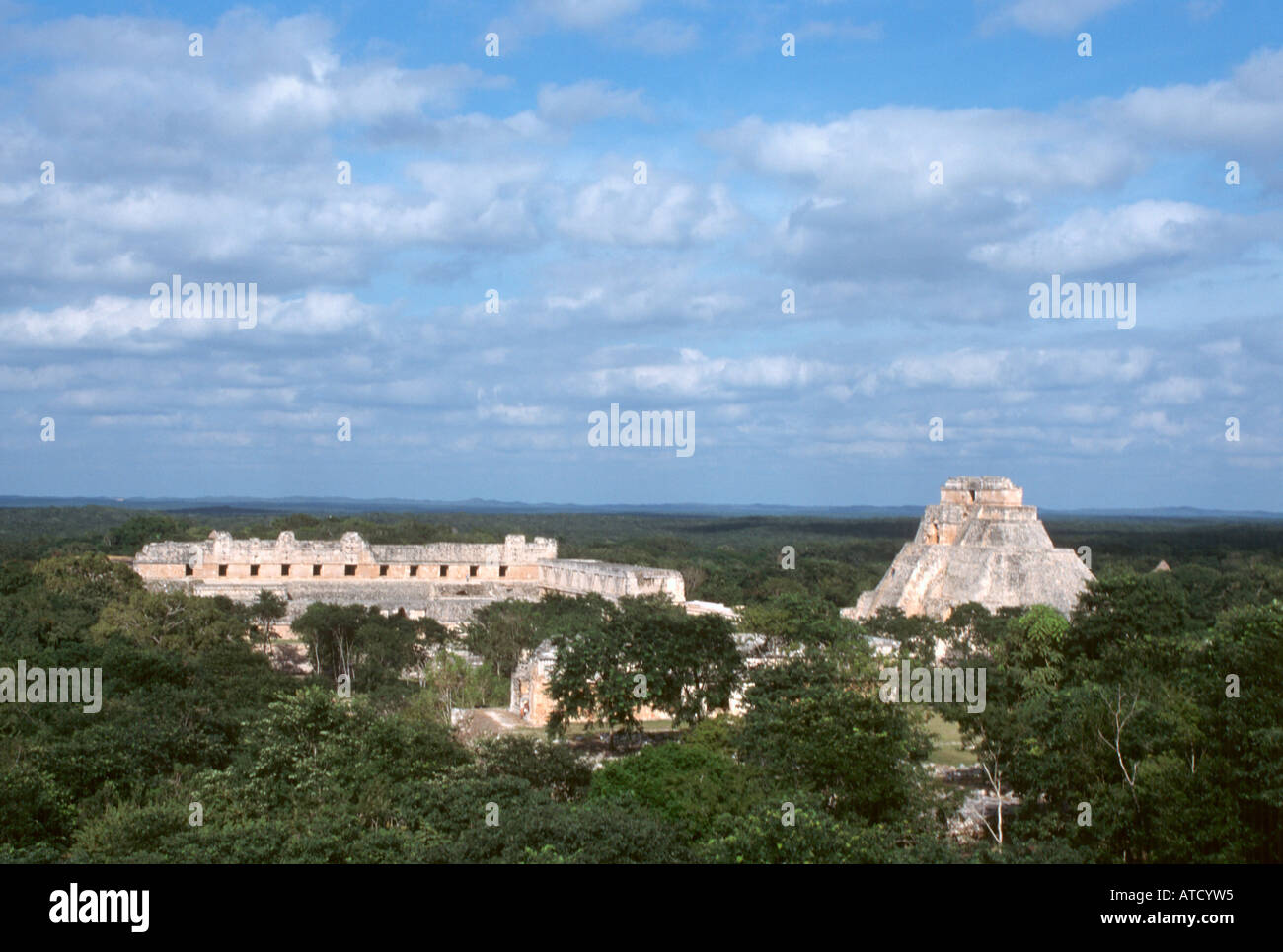 View from Great Pyramid at the Mayan Ruins of Uxmal, Yucatan Peninsula, Mexico Stock Photo