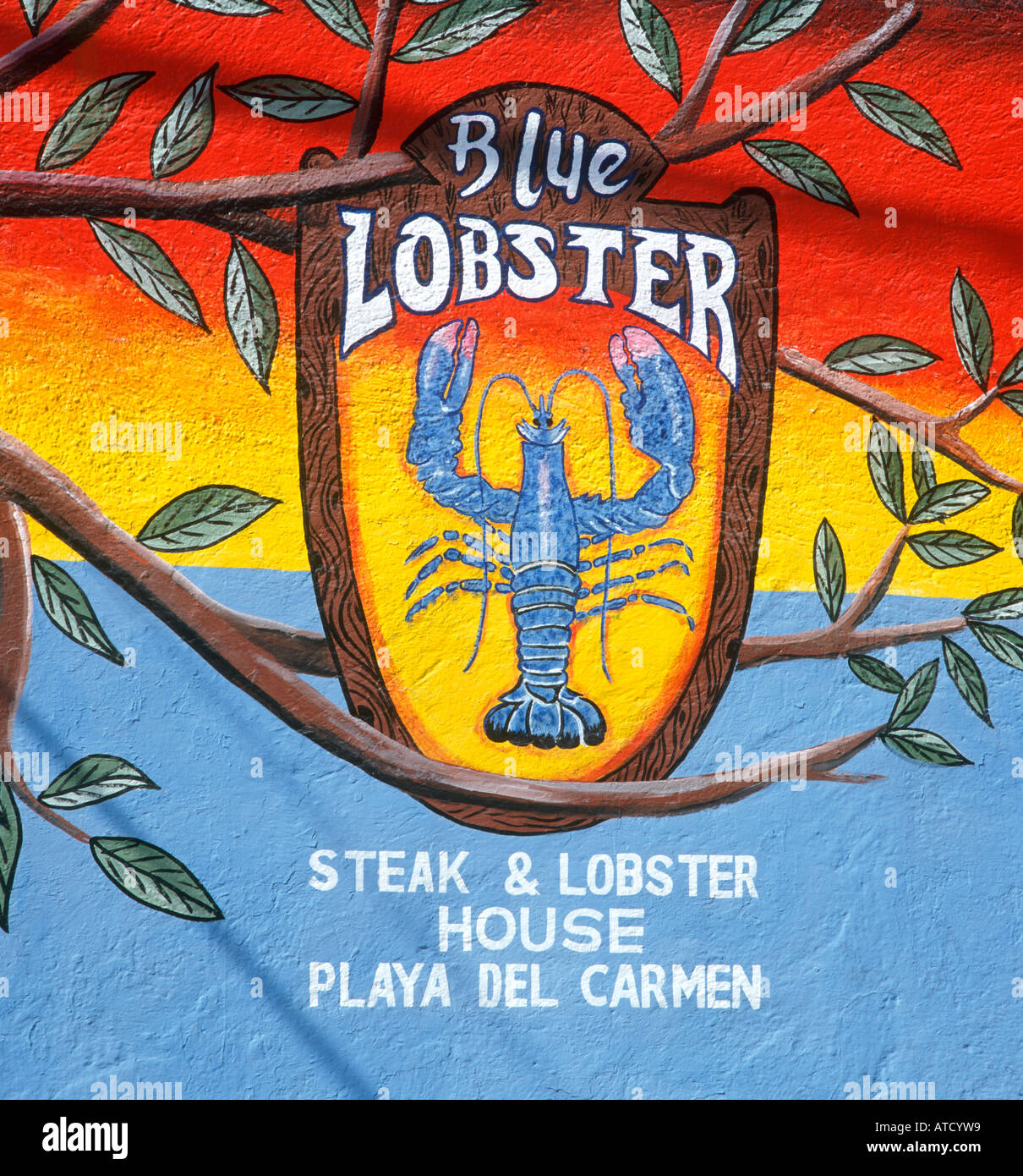 Sign for the  Blue Lobster steak and seafood restaurant, Playa del Carmen, Mayan Riviera, Quintana Roo, Yucatan Peninsula, Mexic Stock Photo