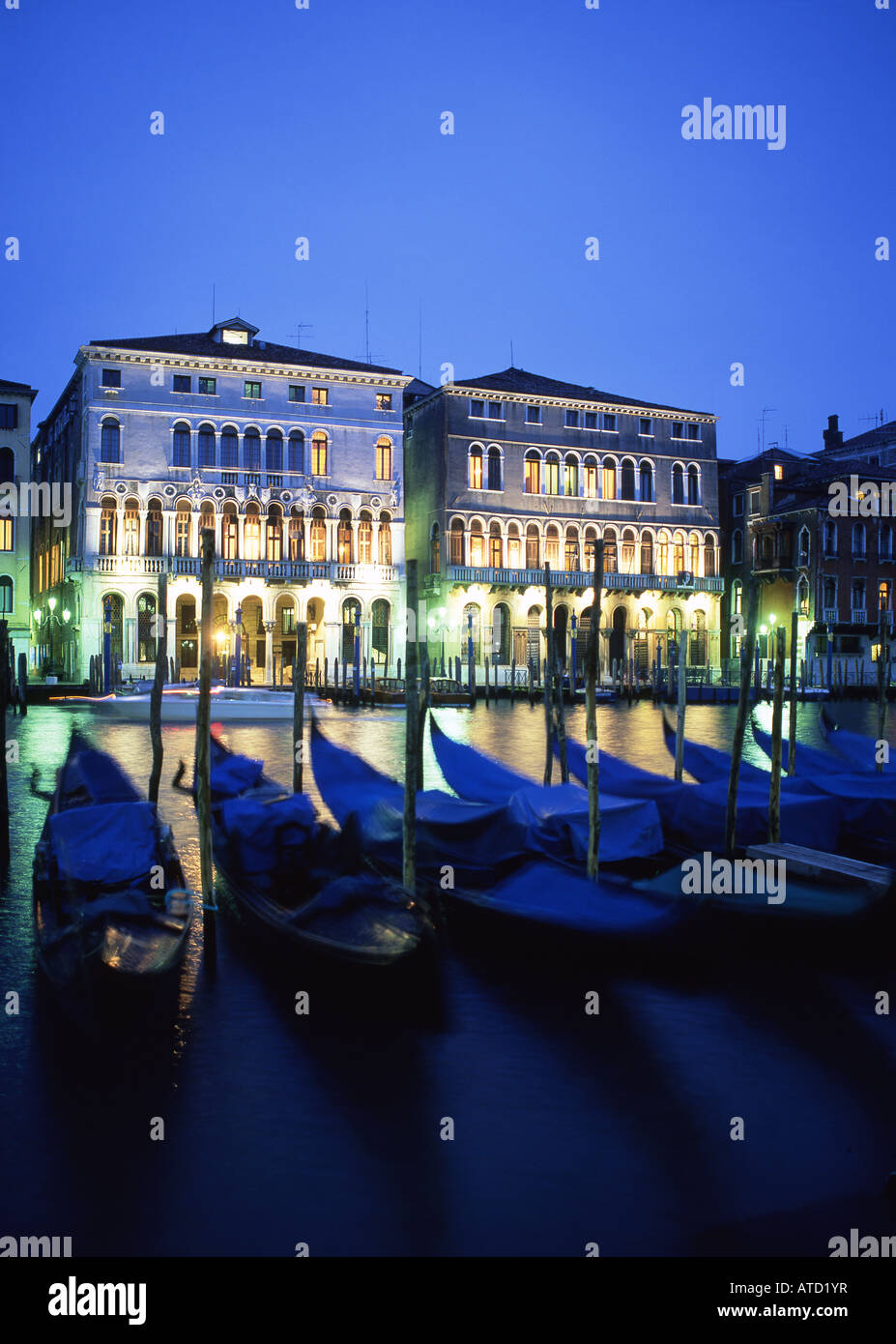 Gondolas and Grand Canal at twilight night San Polo Venice Veneto Italy Stock Photo