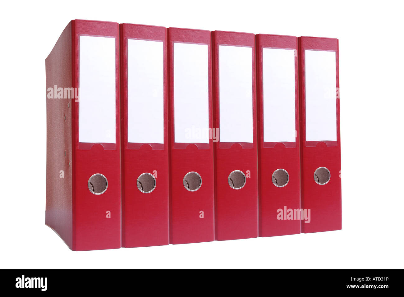 Row of six red ring binders over white background Stock Photo