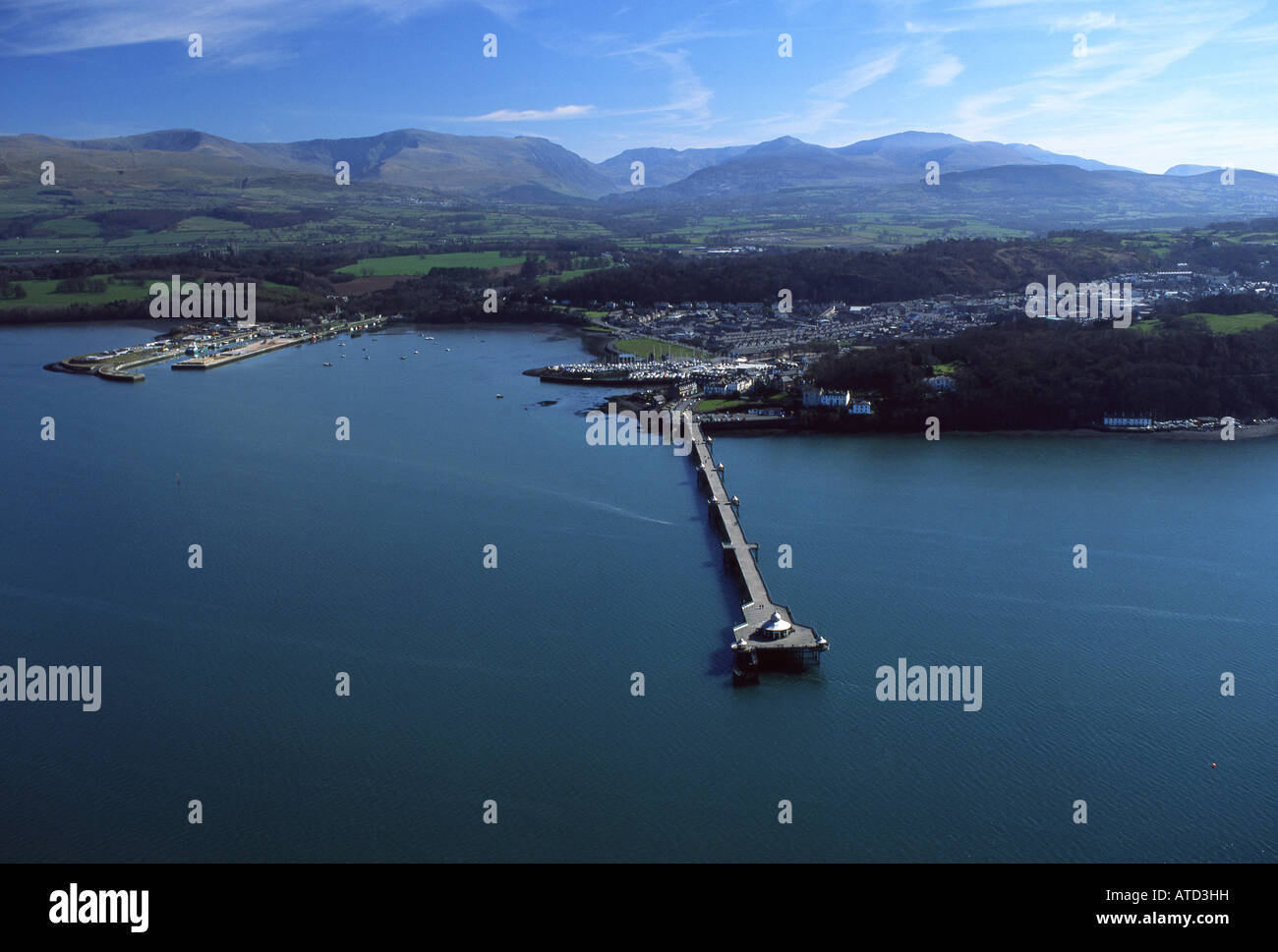 Aerial view of Bangor Pier with Snowdonia in background Gwynedd North Wales UK Stock Photo