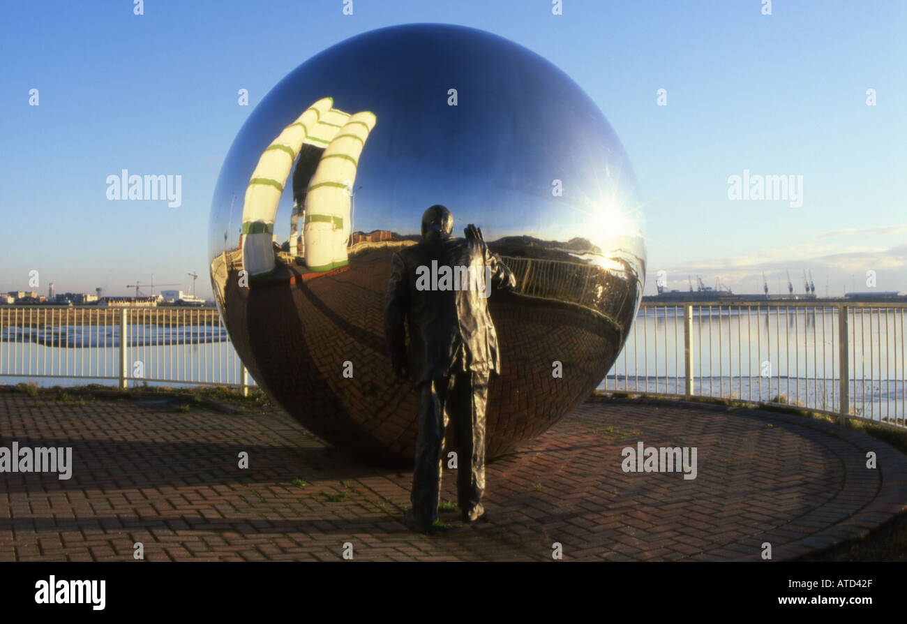 Cardiff Bay sculpture with large reflective ball number 1676 Stock Photo