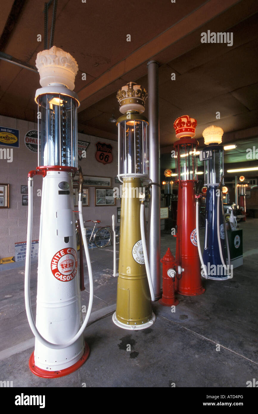 Classic gas pumps inside the Old Ford Garage, Julesburg, Colorado Stock