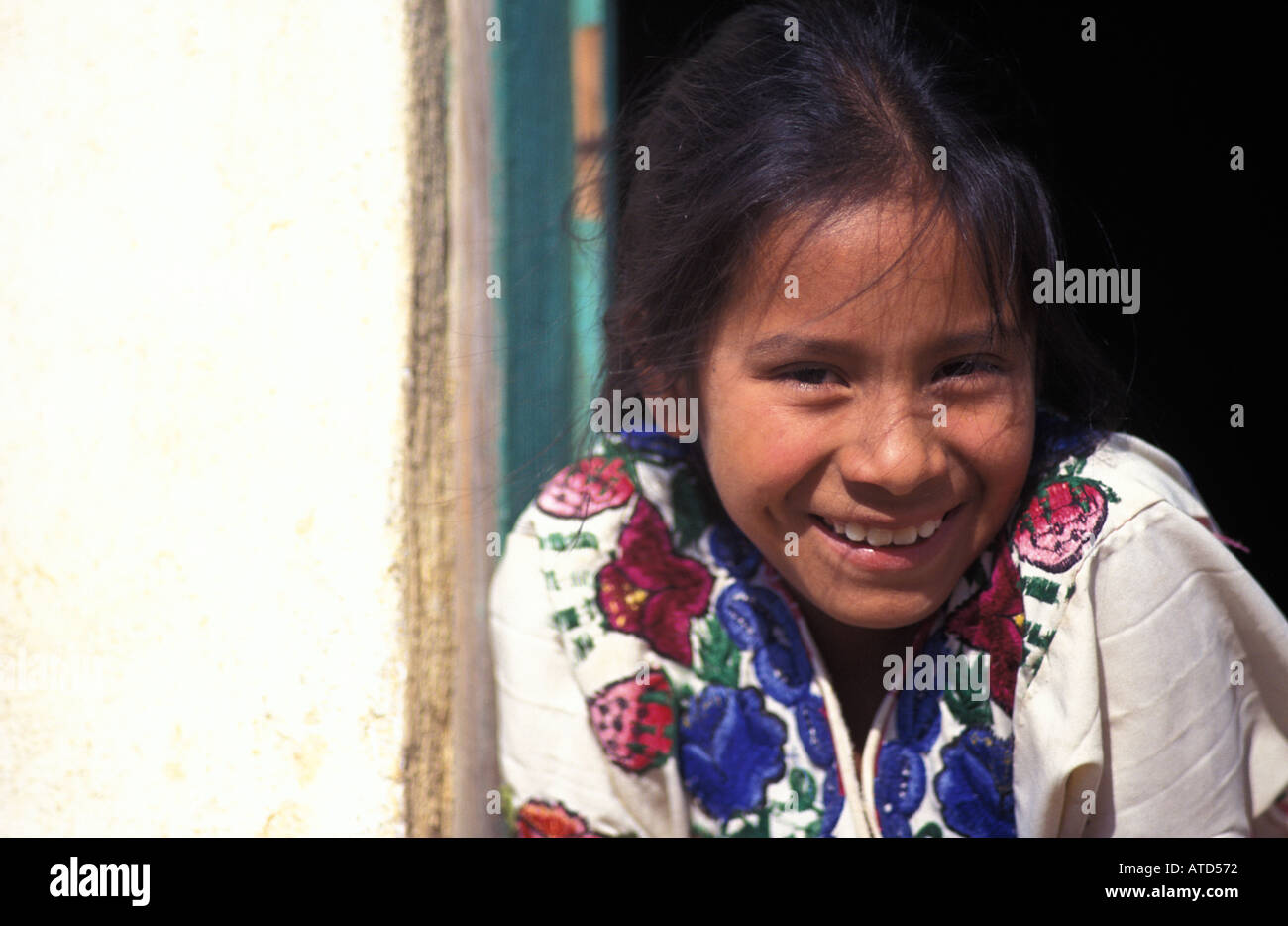 Portrait of a Maya girl in tribal costume San Cristobal Totonicapan Quiche Guatemala Stock Photo
