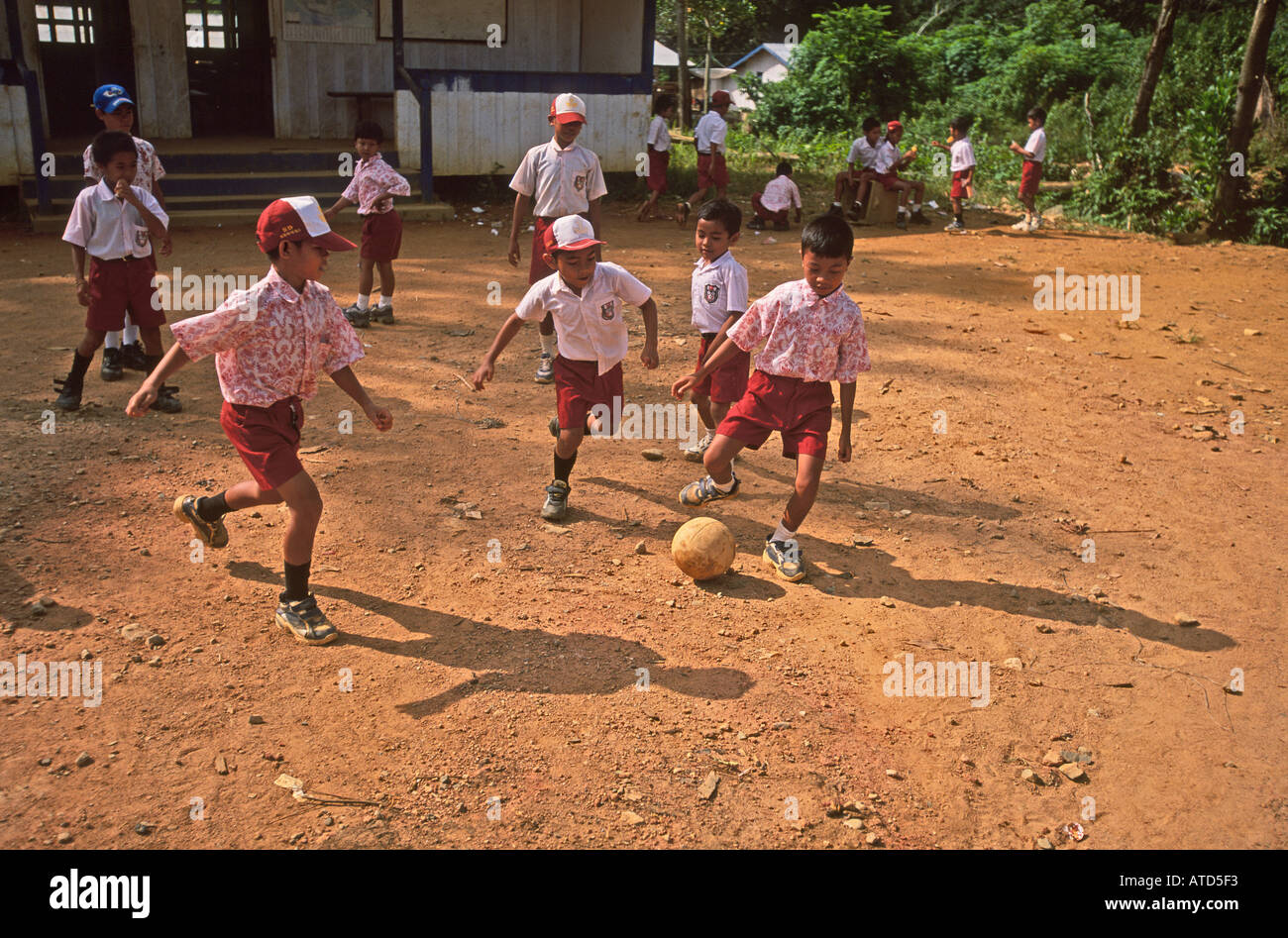 School kids playing football in school in logging camp rainforest
