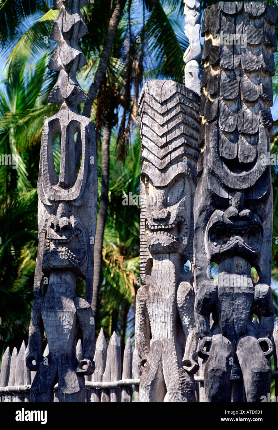 Statues of ancient gods decorate the grounds of Puuhonua O Honaunau