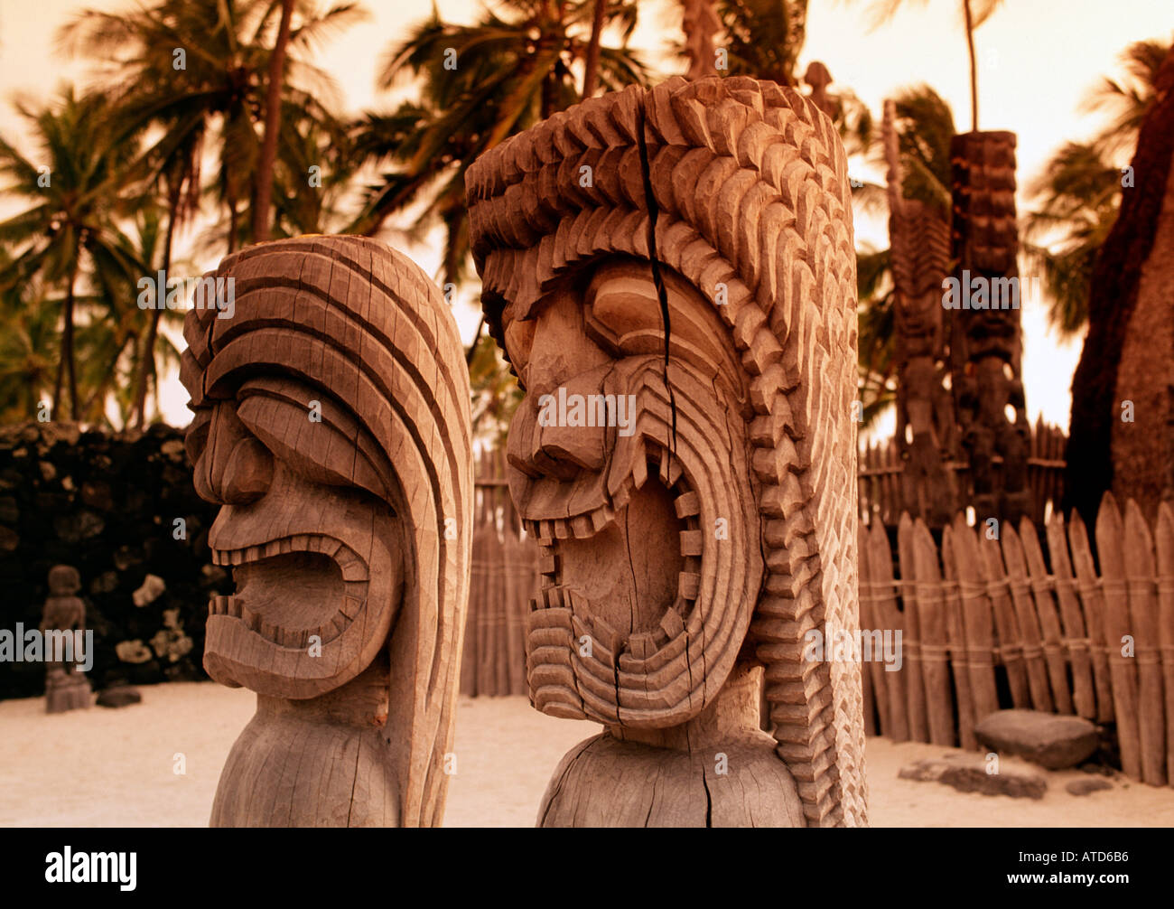 Statues of ancient gods decorate the grounds of Puuhonua O Honaunau