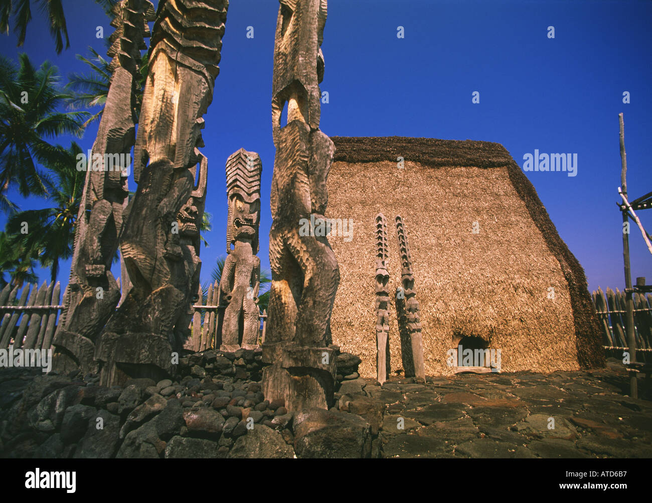 Statues of ancient gods decorate the grounds of Puuhonua O Honaunau