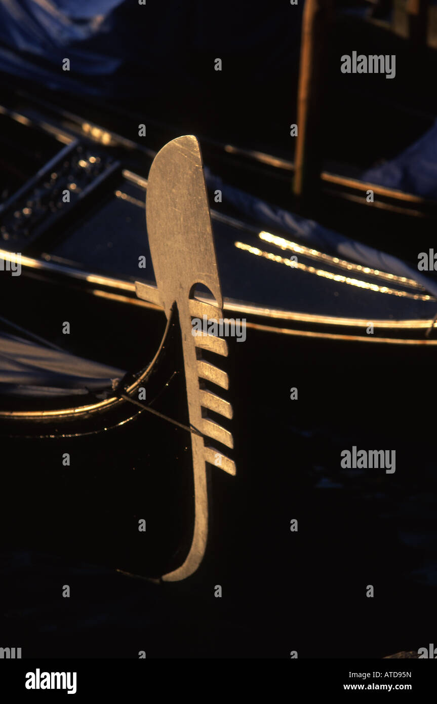 Close up of ferro bow or head of gondola San Marco Venice Veneto Italy Stock Photo
