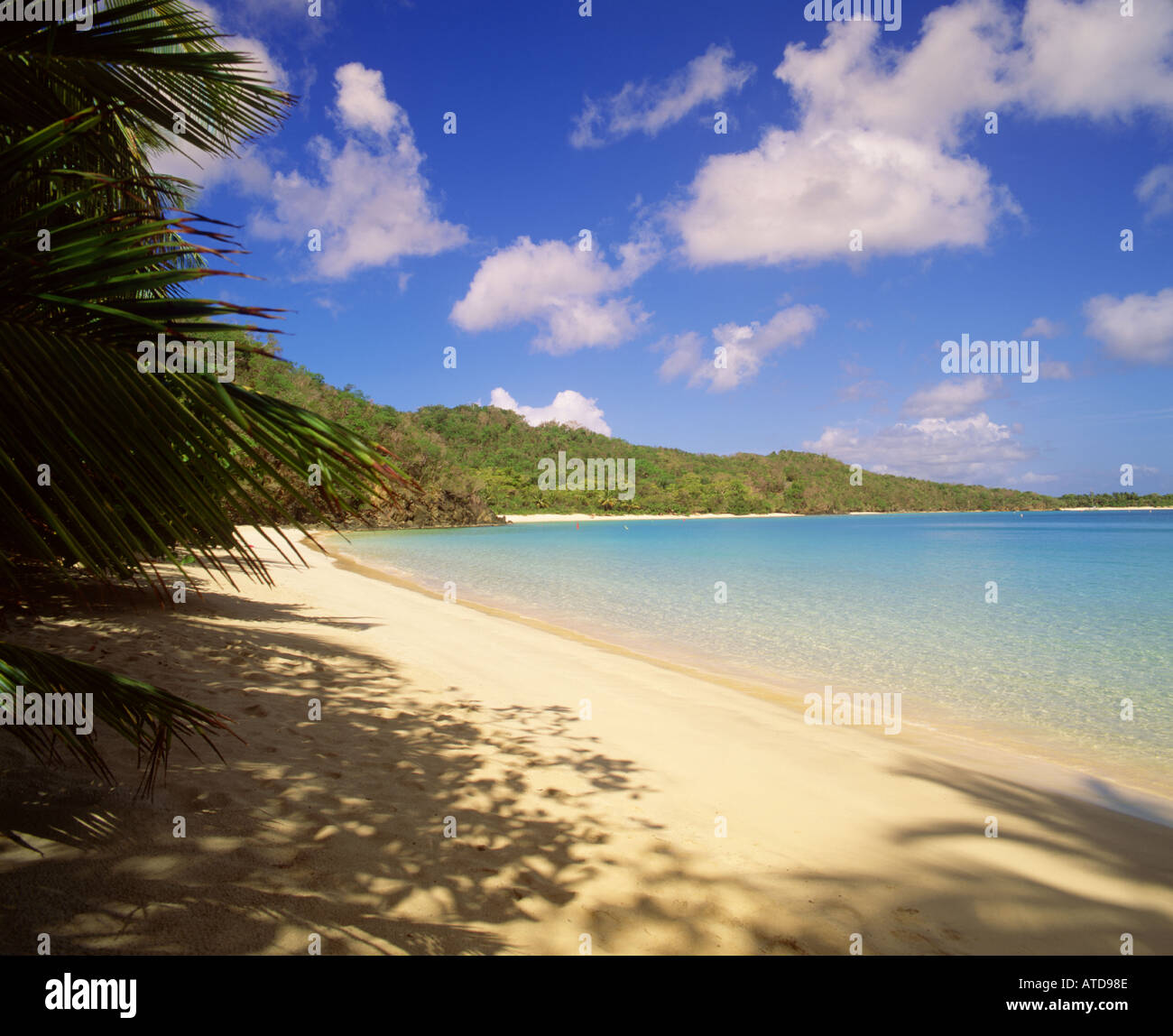 Fluffy clouds float over the turquoise waters of Hawk s Nest Beach in St John US Virgin Islands Stock Photo