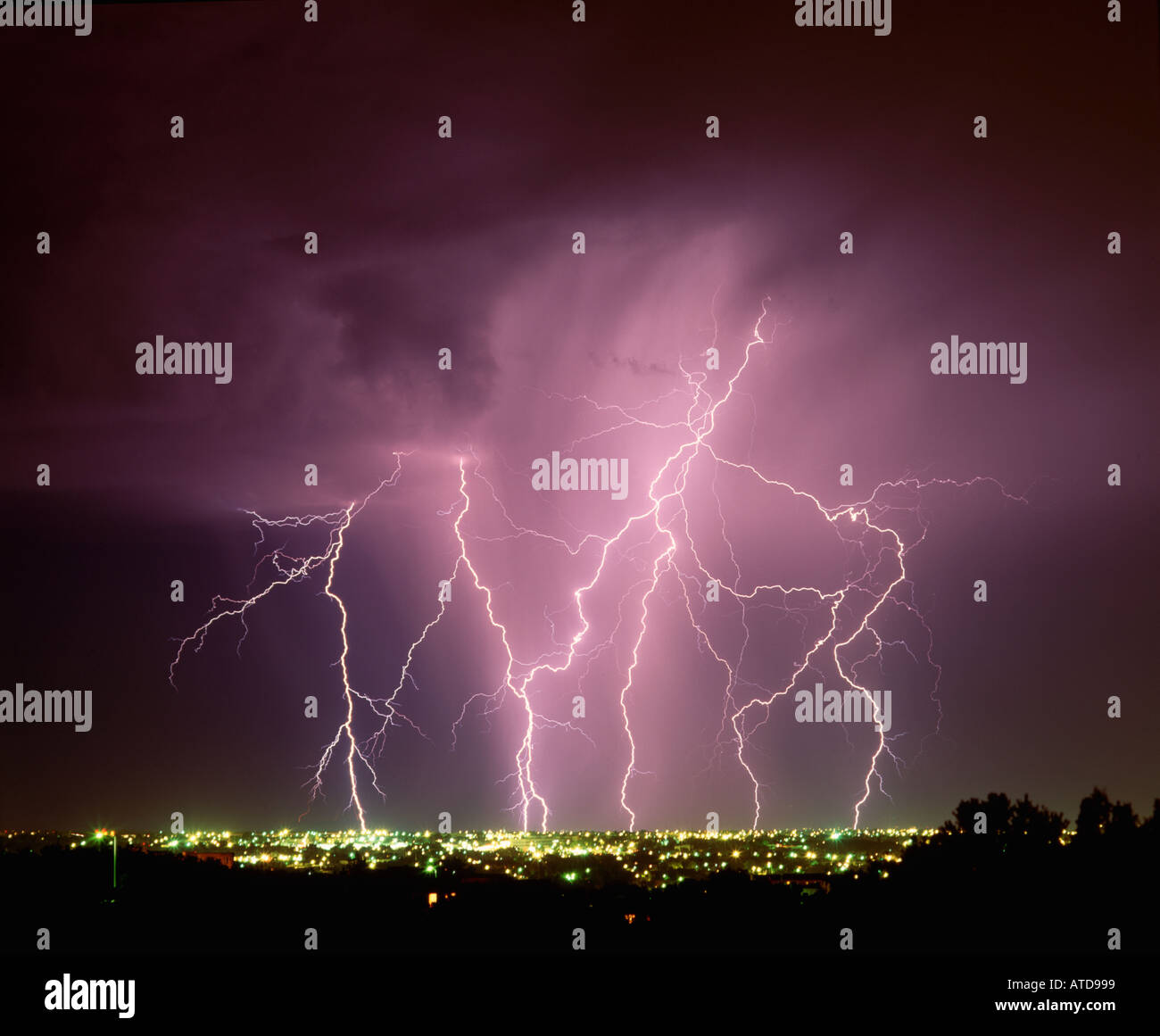 Dramatic display of lightning bolts shooting across a stormy night sky above the lights of a city Stock Photo