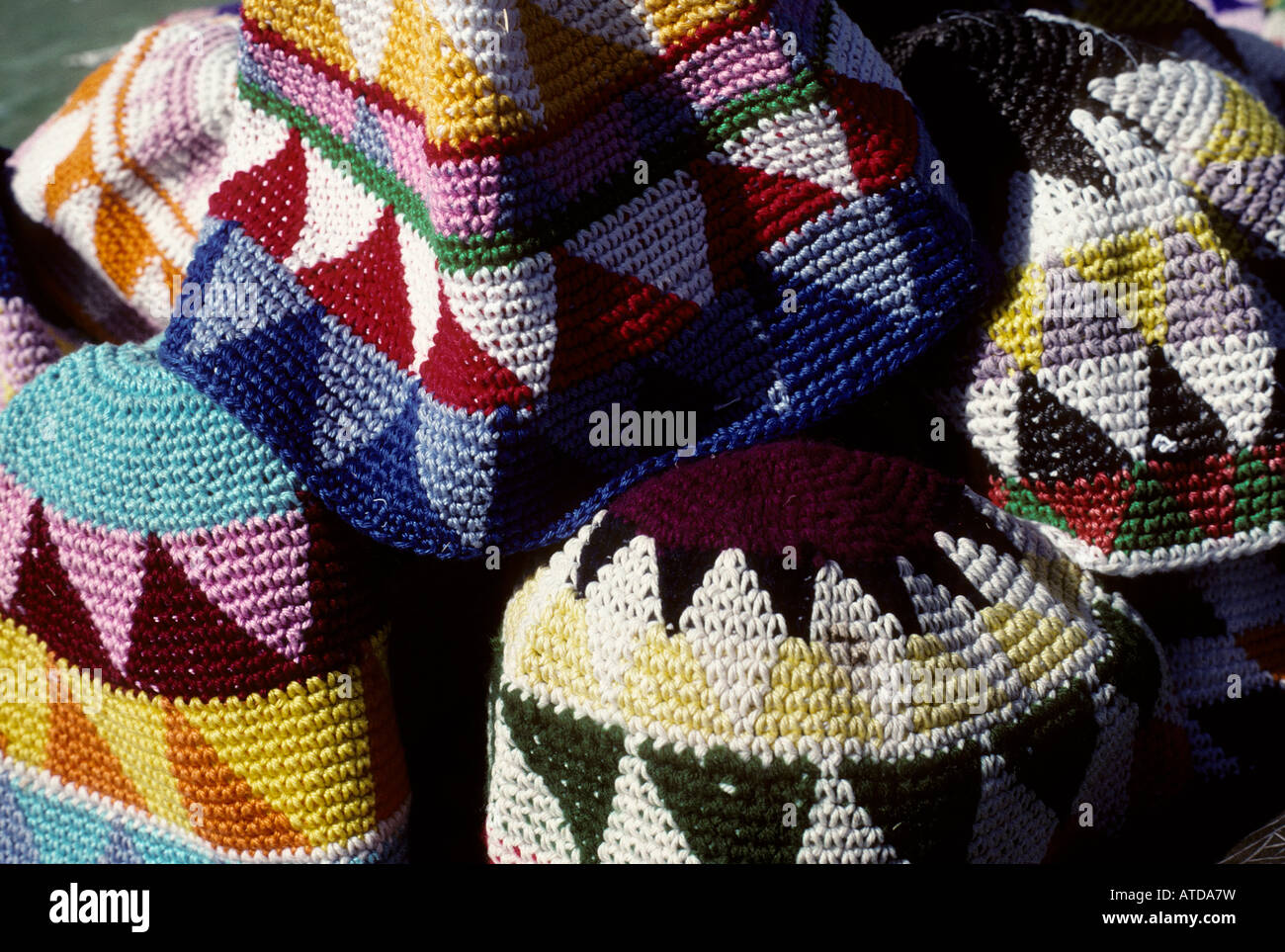 Kintted Egyptian hats, Cairo market Stock Photo