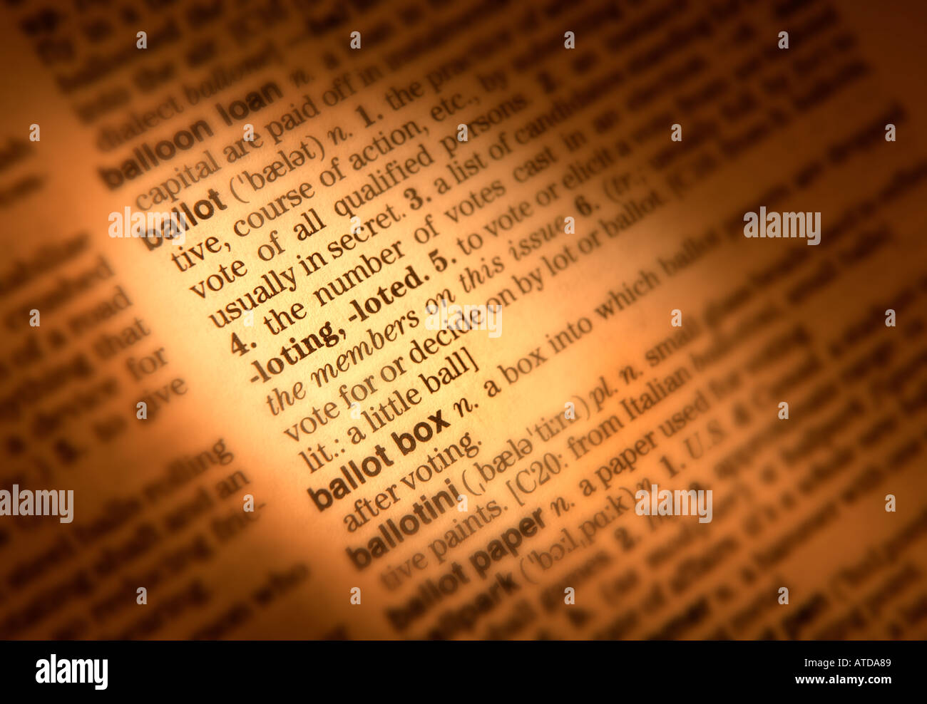 CLOSE UP OF DICTIONARY PAGE SHOWING DEFINITION OF THE WORDS BALLOT BOX Stock Photo