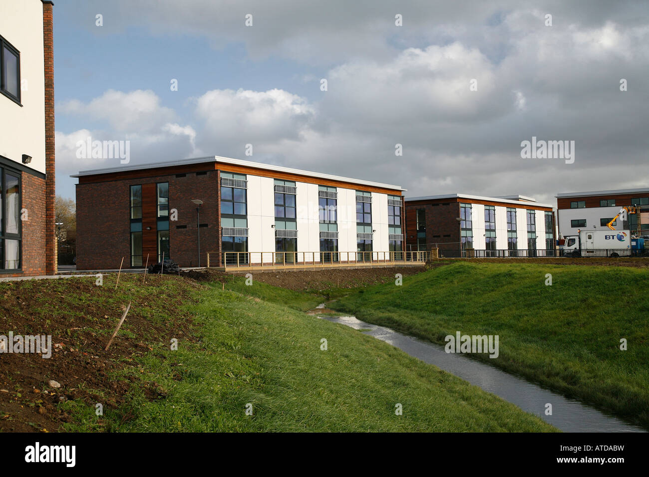 Exterior of 2 storey office buildings in a modern Business Park Stock Photo