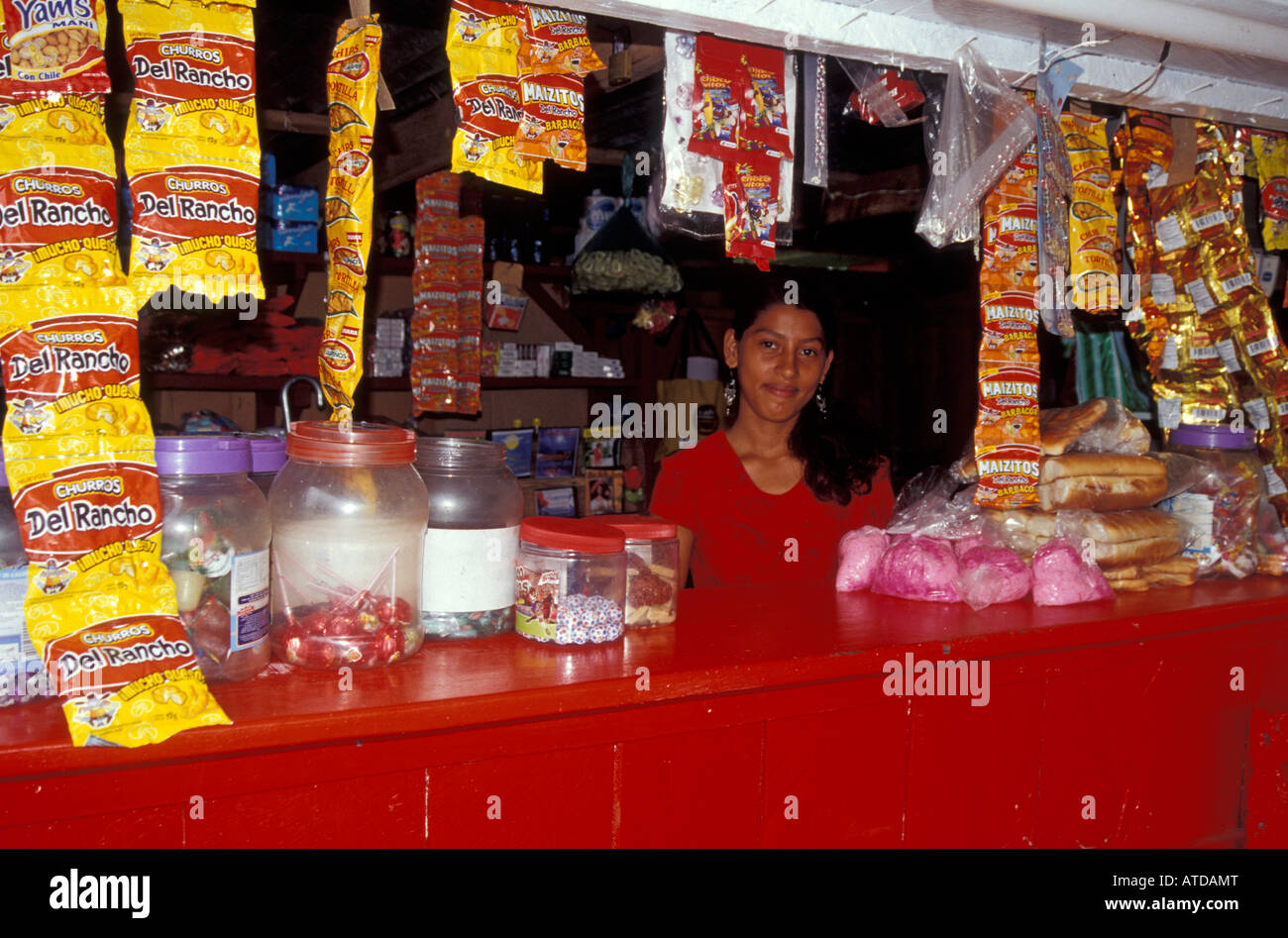 Young Nicaraguan woman selling snacks in the town of Altagracia, Isla de Ometepe or Ometepe Island, Nicaragua Stock Photo