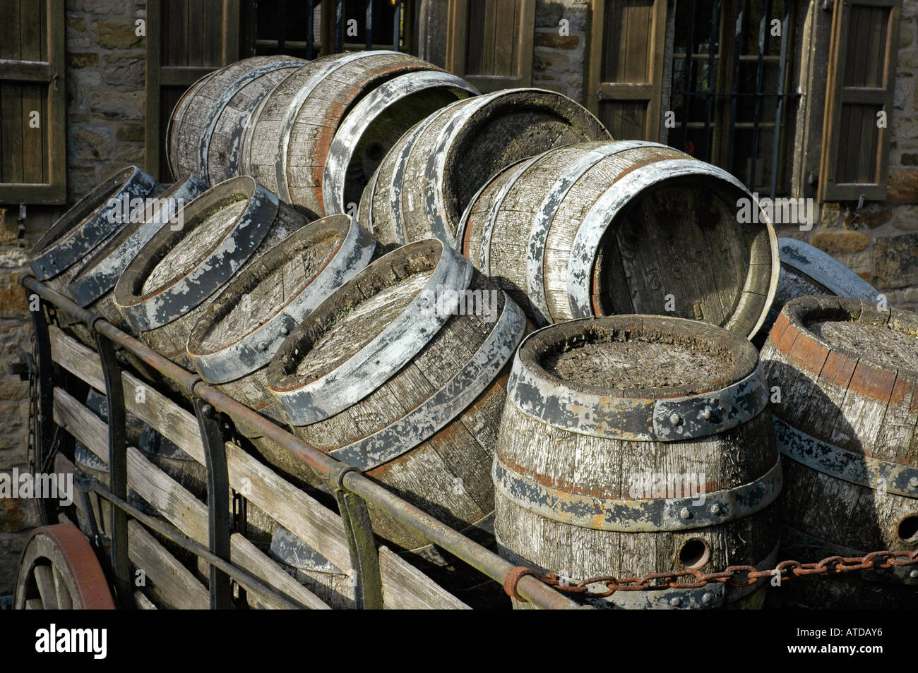 Old beer kegs on a cart in front of the brewery, Westphalian OpenAir