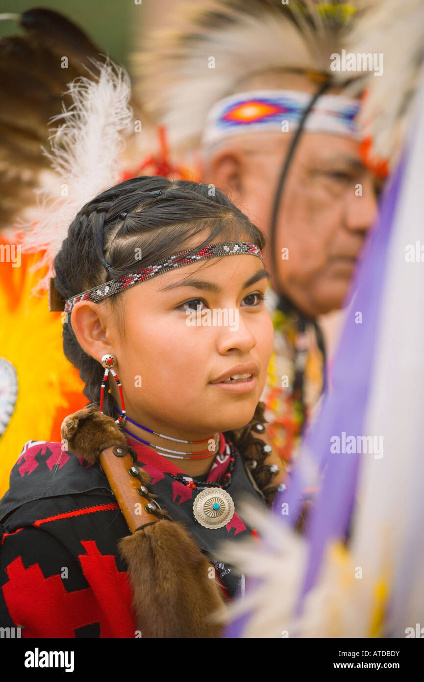 young girl in the Kiowa Comanche dance group Gallup Inter Tribal Indian Ceremonial Gallup New Mexico Stock Photo