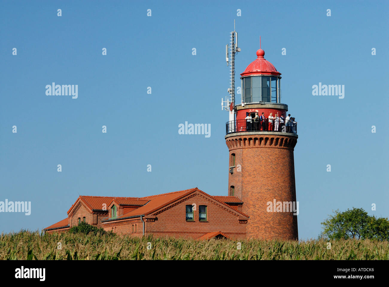 Tourists enjoying the view from the old lighthouse in Bastorf near Kuehlungsborn, Western-Pomerania, Germany Stock Photo
