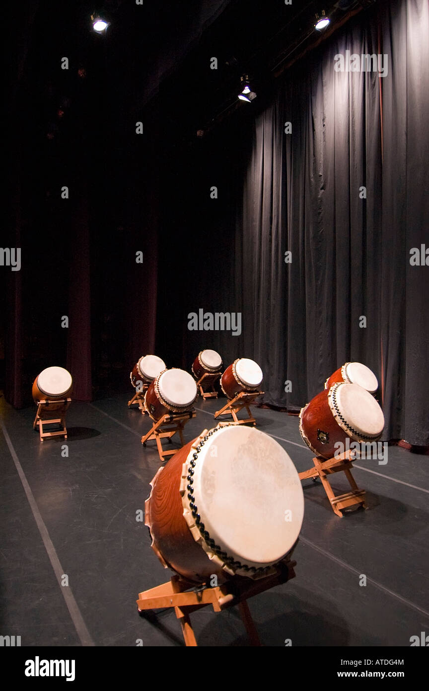 Portland Taiko drums in position before a concert at Lincoln