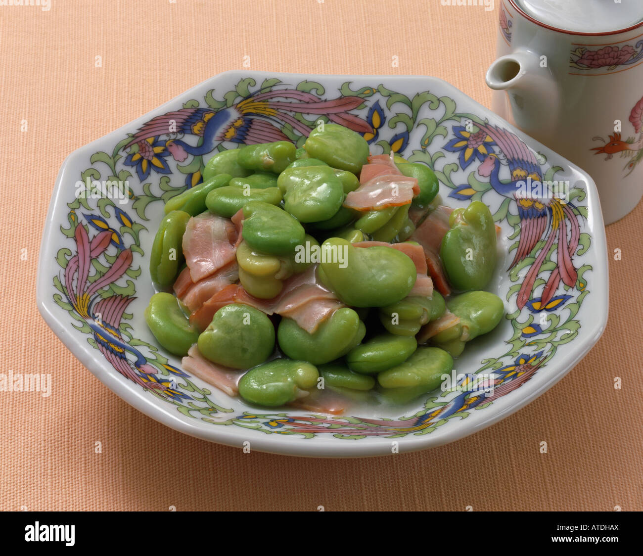 Sauteed broad beans and bacon Stock Photo Alamy