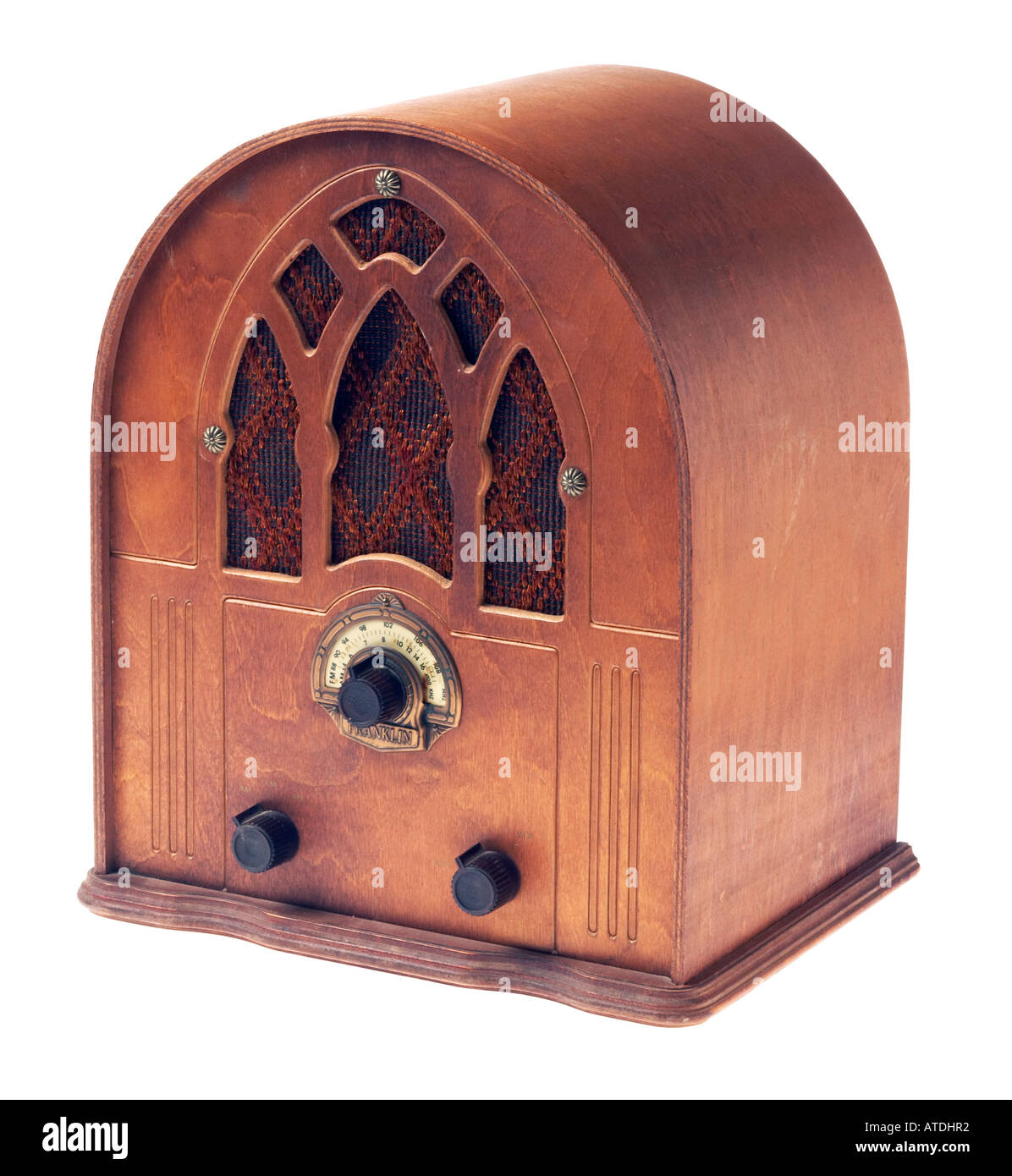 1030's Style Wooden Radio Silhouetted on White Background Stock Photo