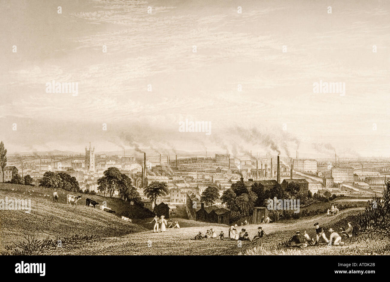 General view of Stockport, Lancashire, England in the 1830's showing cotton mills Stock Photo