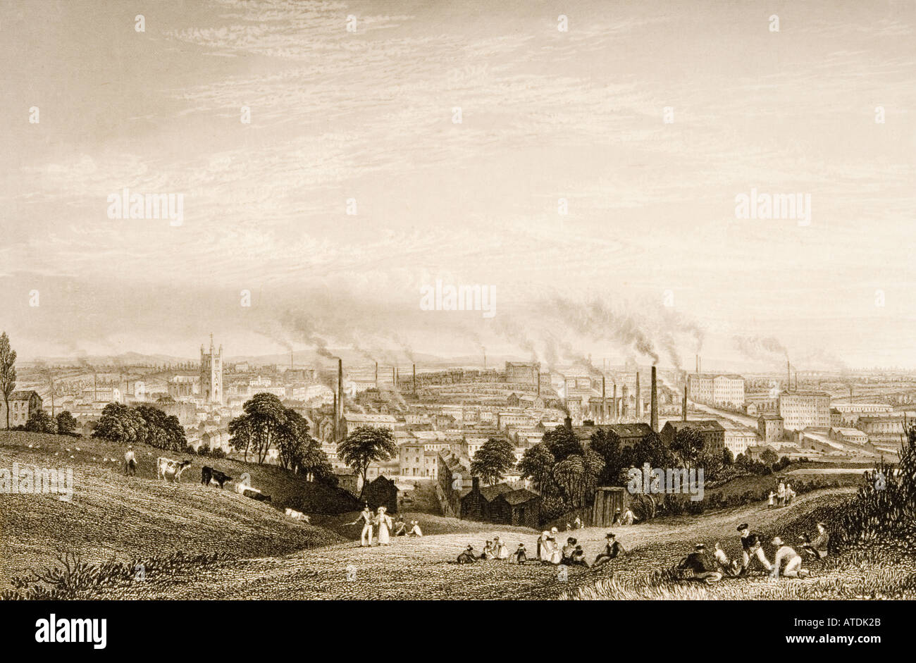 General view of Stockport, Lancashire, England in the 1830's showing cotton mills. Stock Photo