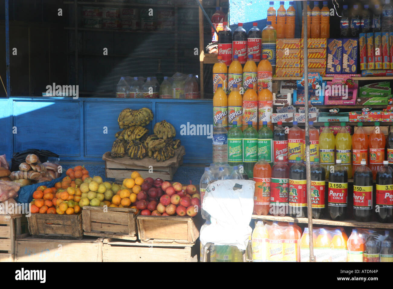 Typical market containing colorful fruits, sodas, beverages in Puno Peru Stock Photo