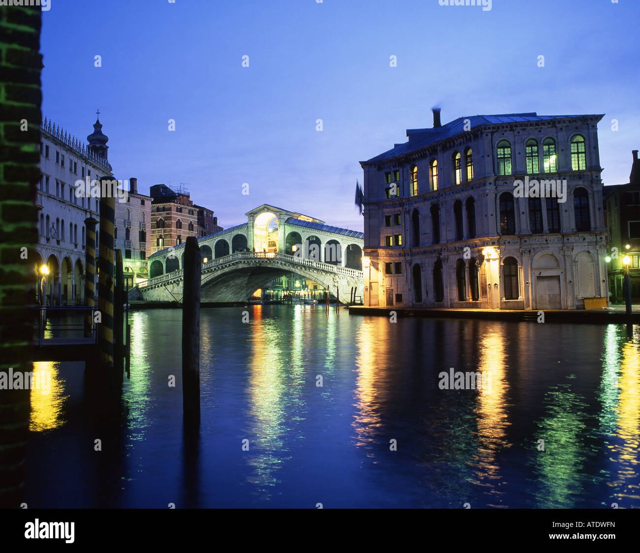 Rialto Bridge and Grand Canal Night view Venice Veneto Italy Stock Photo