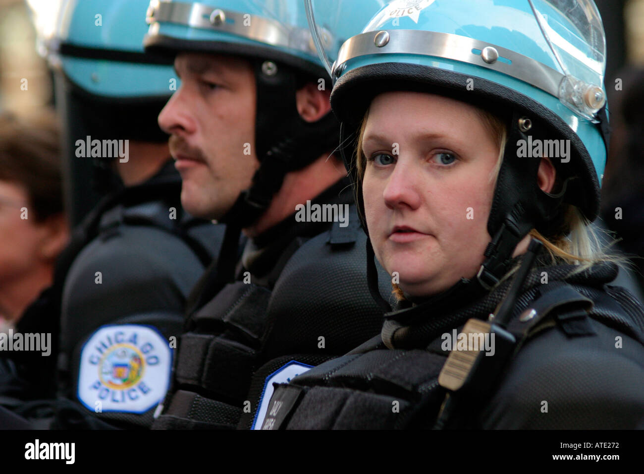 Chicago police at a demonstration against the war in Iraq Stock Photo