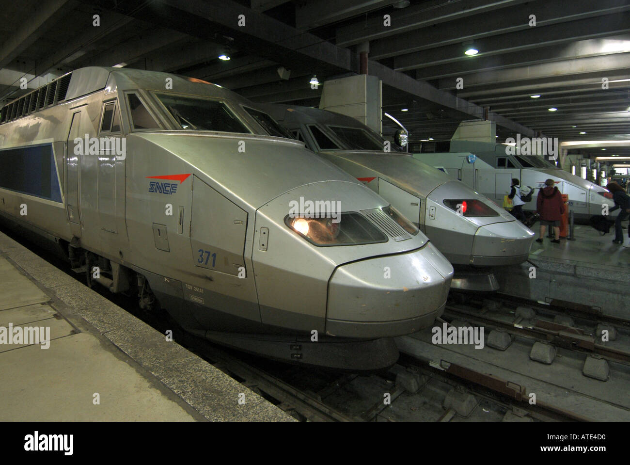 Paris Gare Montparnasse French railway station and terminal with TGV high speed train locomotives alongside platforms in France Stock Photo