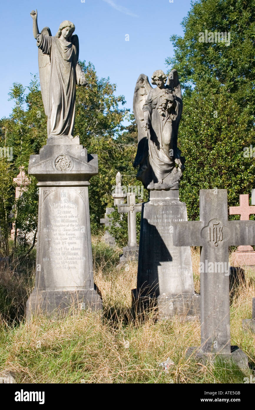 Victorian gravestones becoming part of a nature reserve Cathays Cemetery Cardiff UK Stock Photo