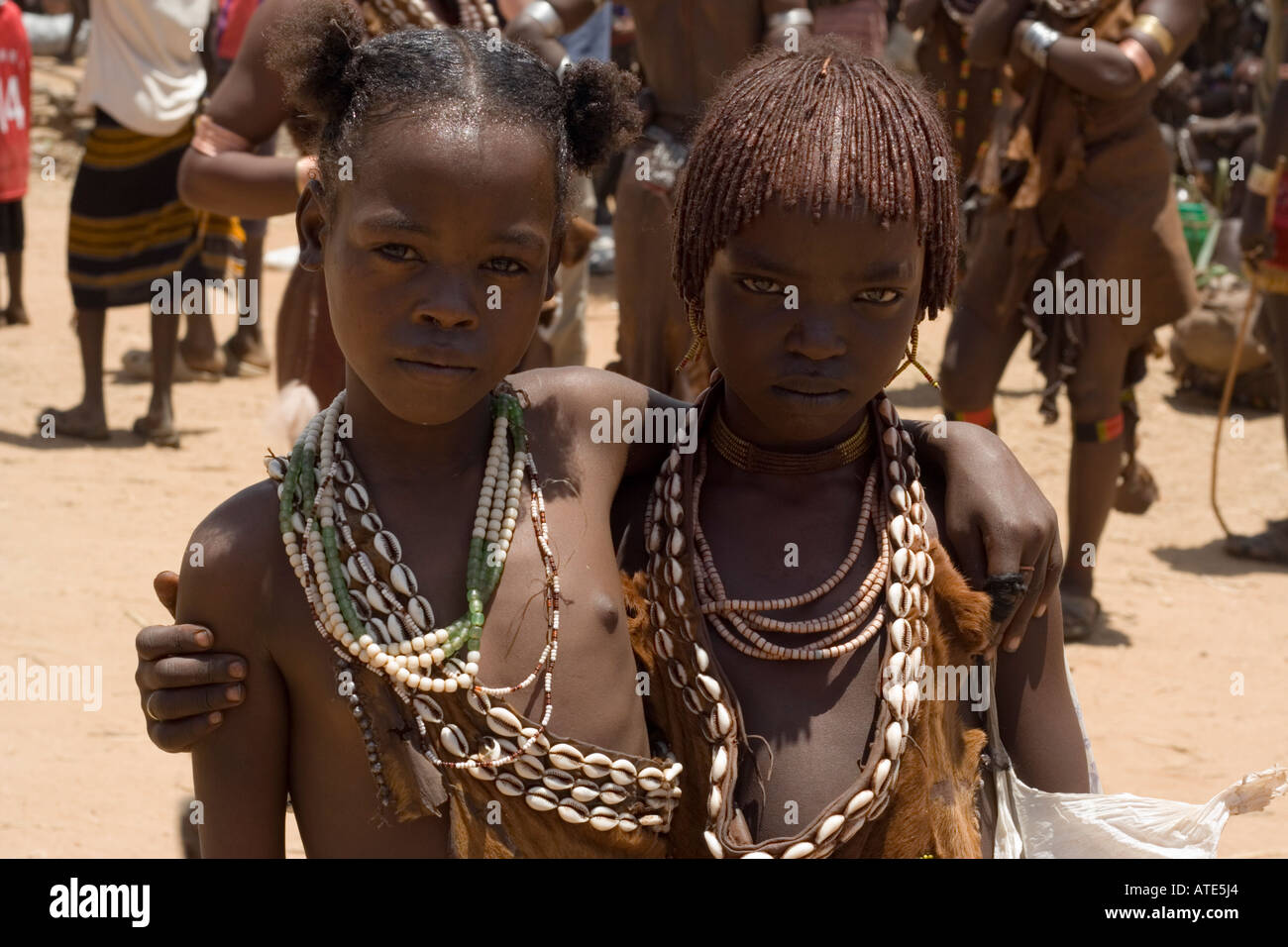 Captured in South Ethiopia,Omo valley in october 2006. The girl s in the market in traditional clothes  belong to Hamer tribe Stock Photo