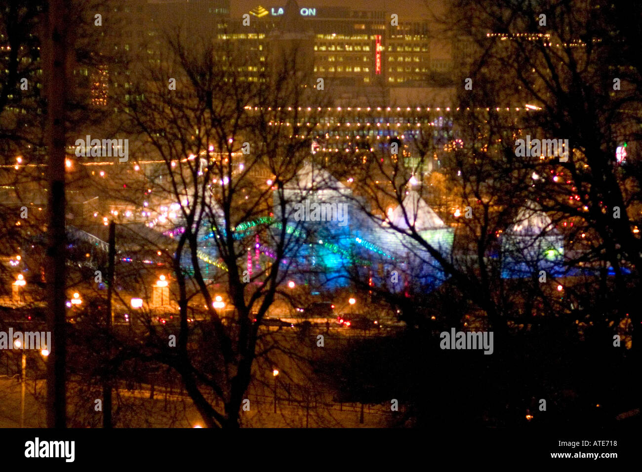 Night view of glowing Winter Carnival Ice Castles. St Paul Minnesota MN