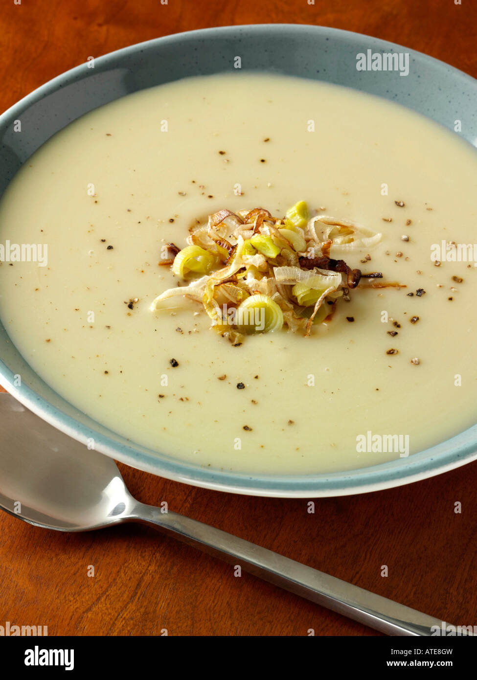 A bowl of leek soup vegetarian editorial food Stock Photo