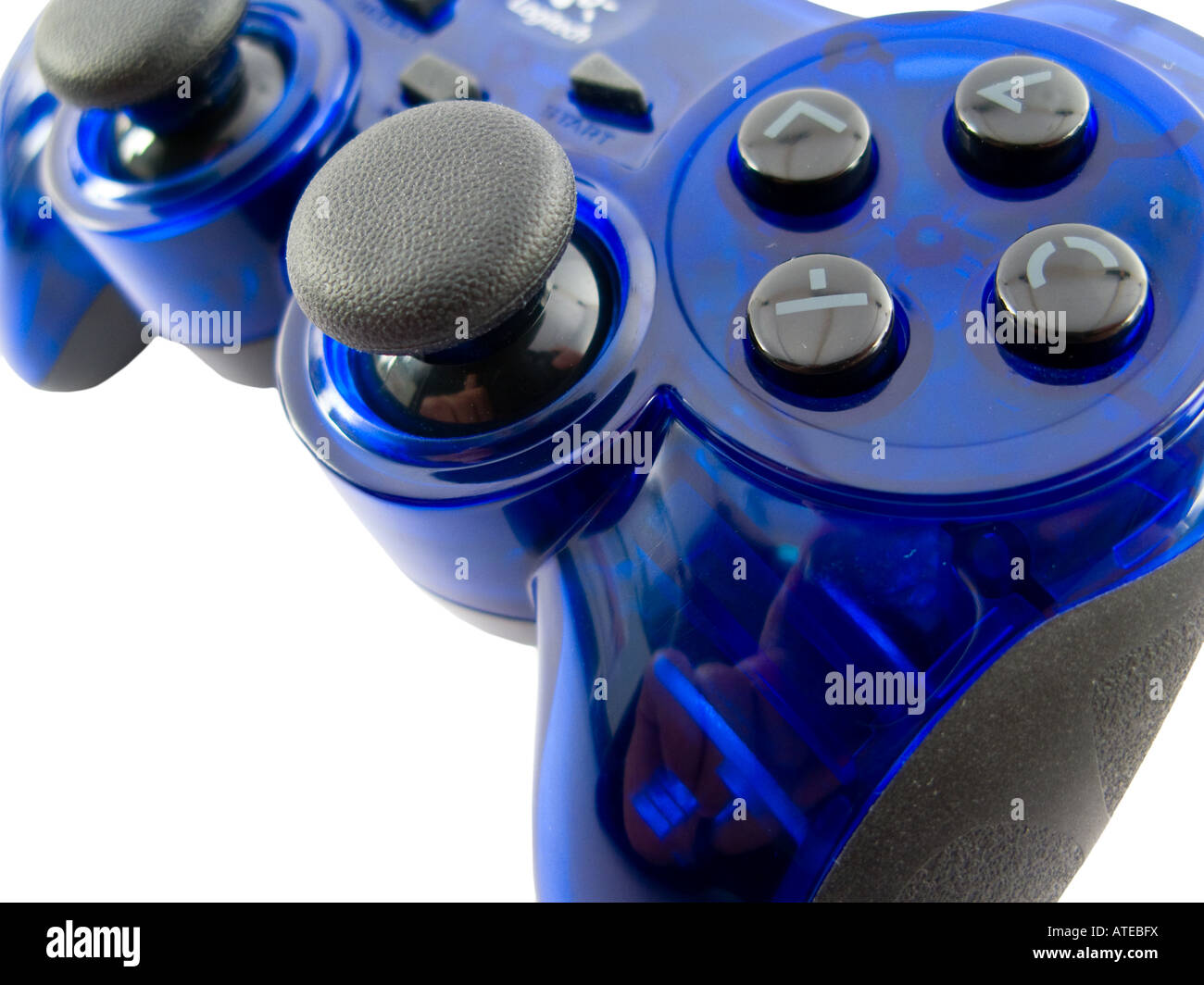 blue video game controller detail for console Stock Photo