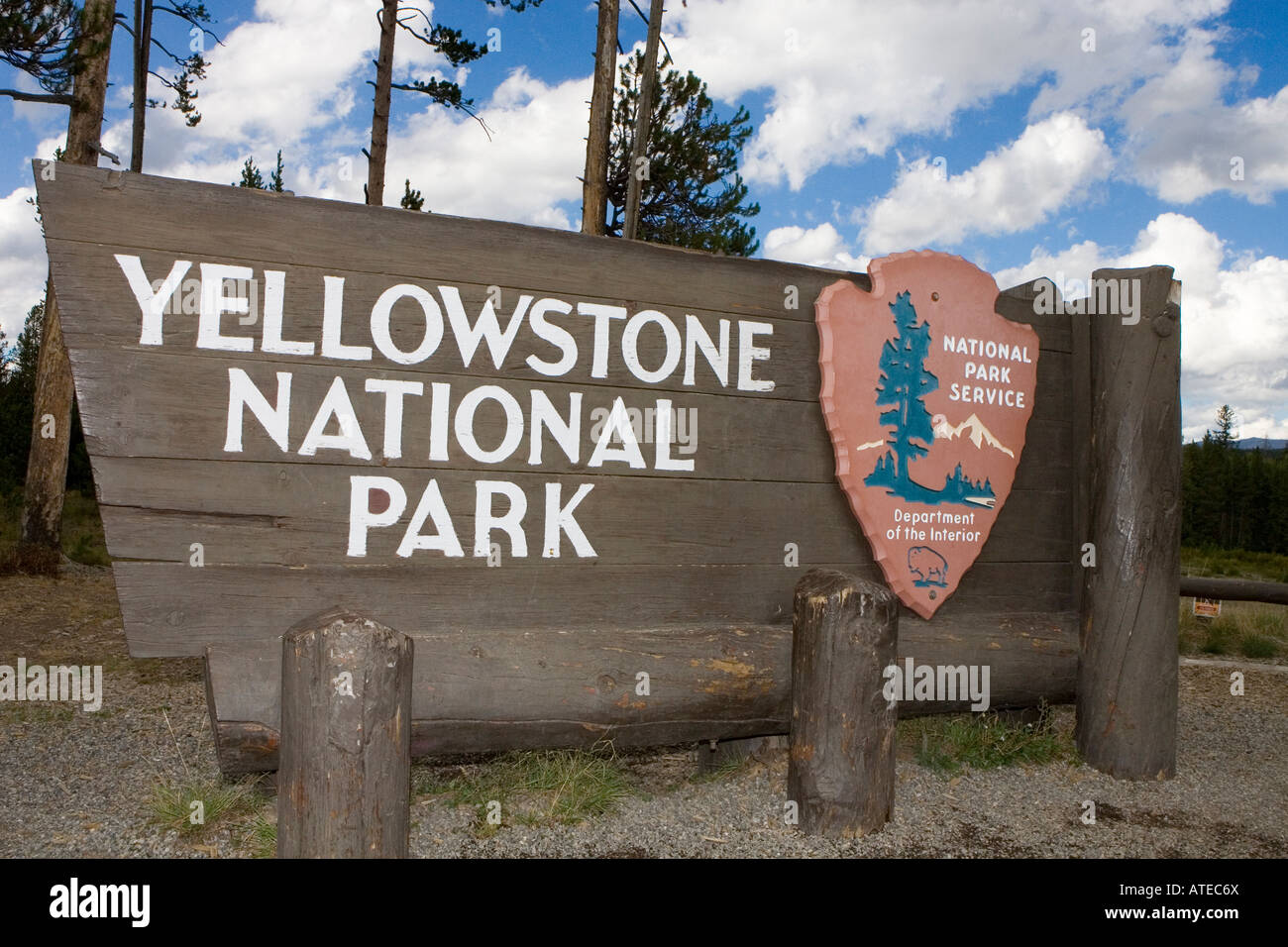 National Parks Service sign at the Southern entrance Yellowstone National Park, Wyoming Stock Photo