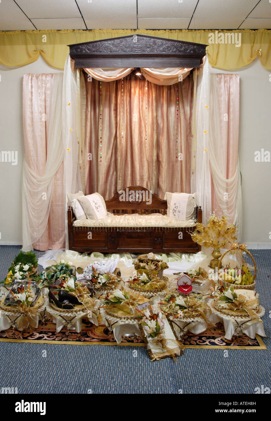 Dais and dowry for a Malay wedding in Kuala Terengganu, Malaysia. Stock Photo