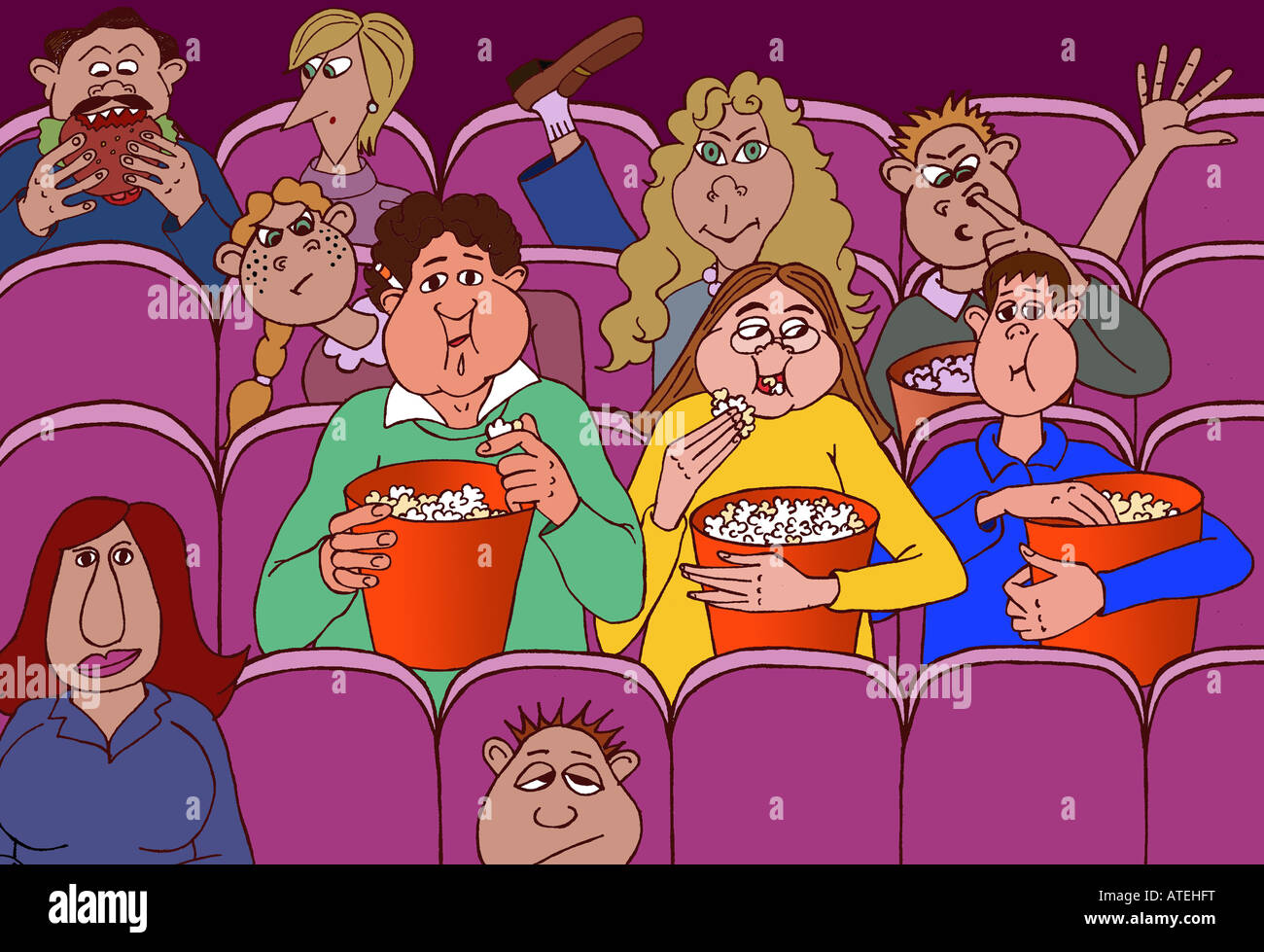 Illustration: people eating popcorns in the cinema. Stock Photo