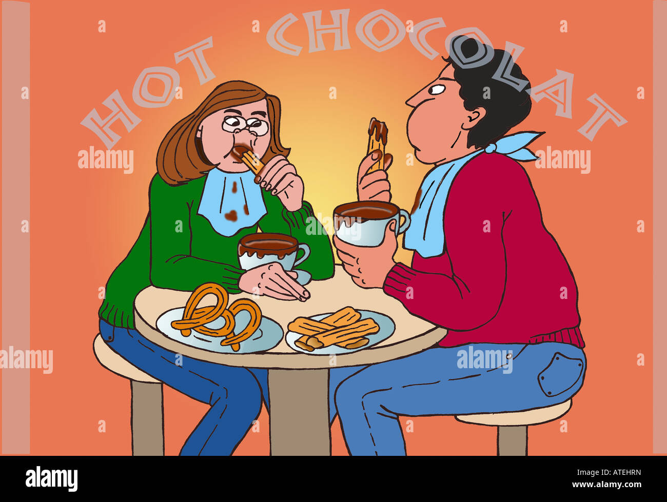 Illustration: man and woman eating chocolate with churros Stock Photo