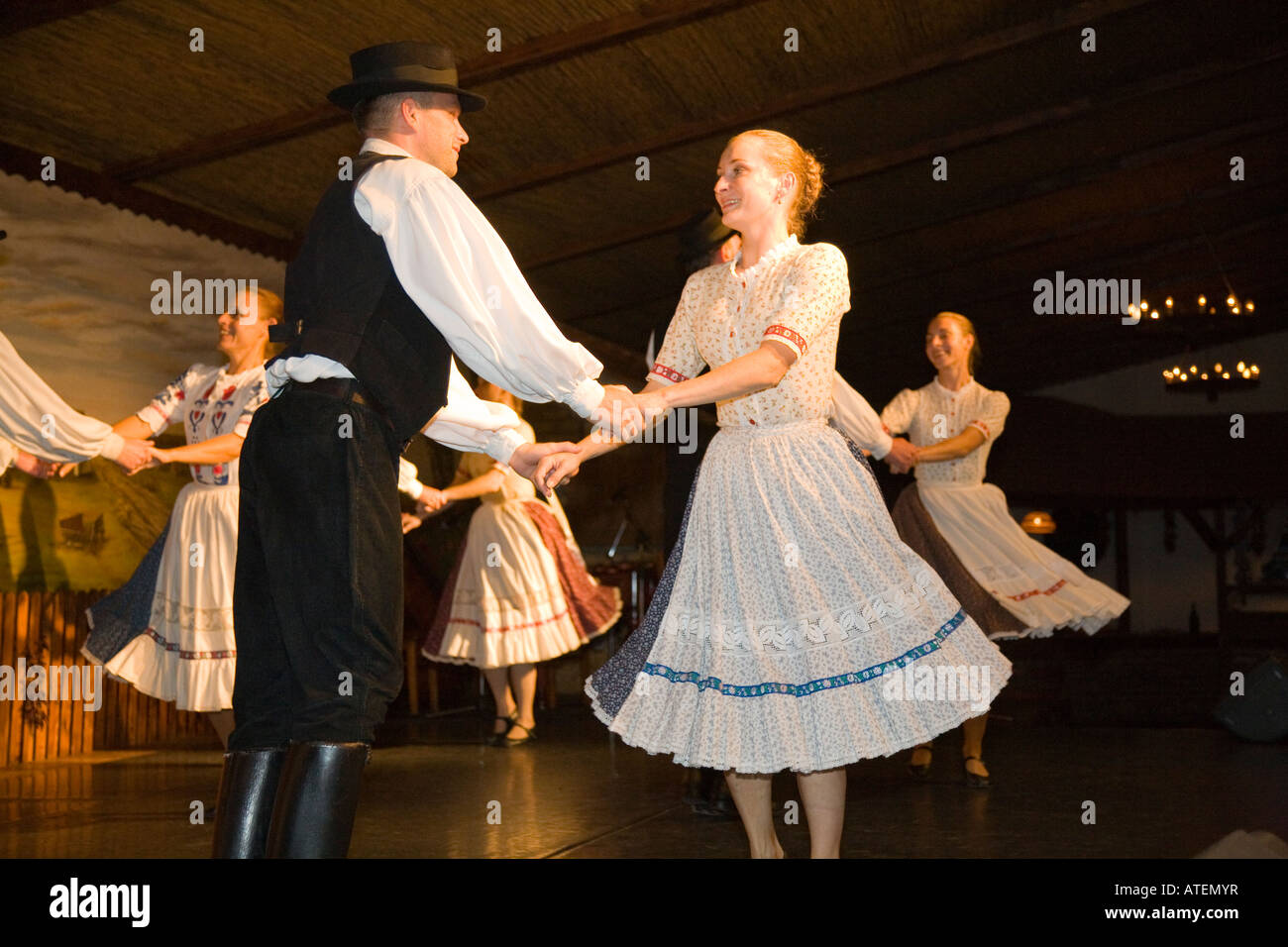 The folk dance group 'Domjan' performing in a csarda (traditional hungarian tavern) in Budapest / Hungary Stock Photo