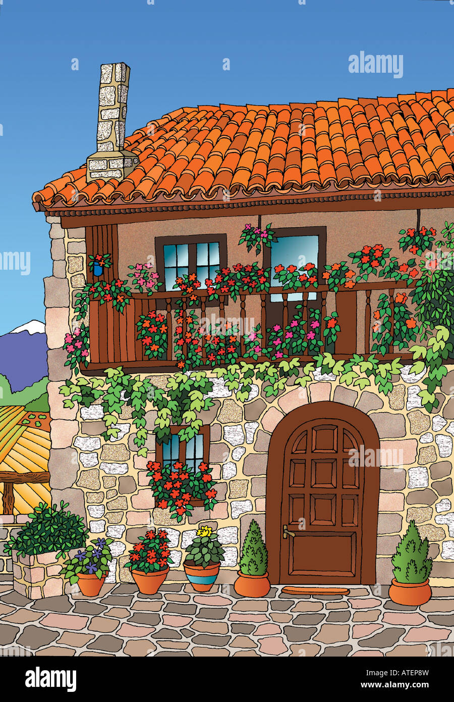 Illustration: typical country house of Cantabria province. Spain. Stock Photo