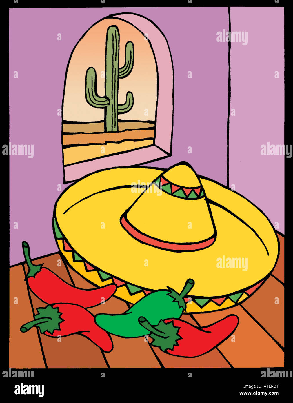 Illustration: mexican cliches: red and green chillis, mexican hat and cactus. Stock Photo