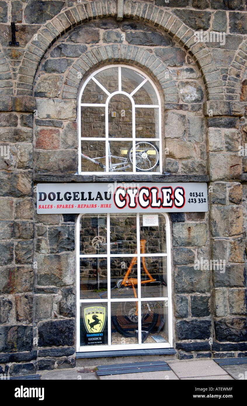 Dolgellau Cycles cycle shop in Victorian building Dolgellau Gwynedd North Wales UK Stock Photo